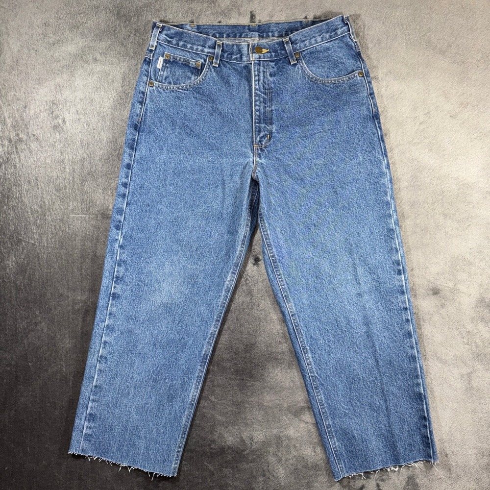 Carhartt B17 DST Relaxed Fit Jeans Blue Denim Raw Hem 35x26 Mens